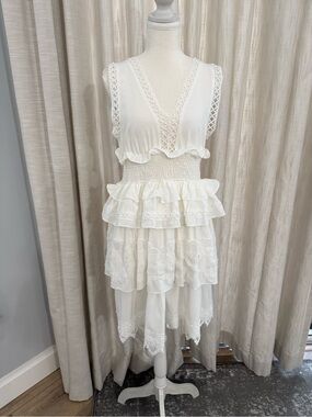Ivory Tiered Lace-Trim Midi Dress with Smocked Waist
